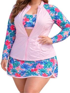 Jasambac 3-Piece Rash Guard Swim Set Pink Floral Skirted Bikini 2XL